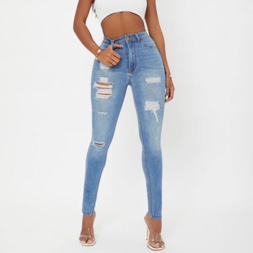 Light Wash Curvy High Waist Ripped Skinny Jeans